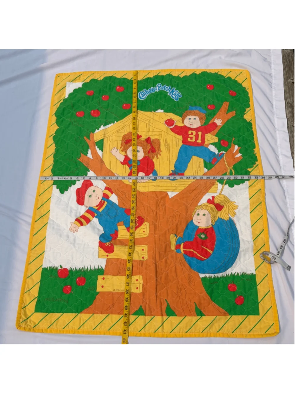 Vintage Cabbage Patch Kids Quilt Blanket Yellow Green 43” x 34” 1984 Treehouse